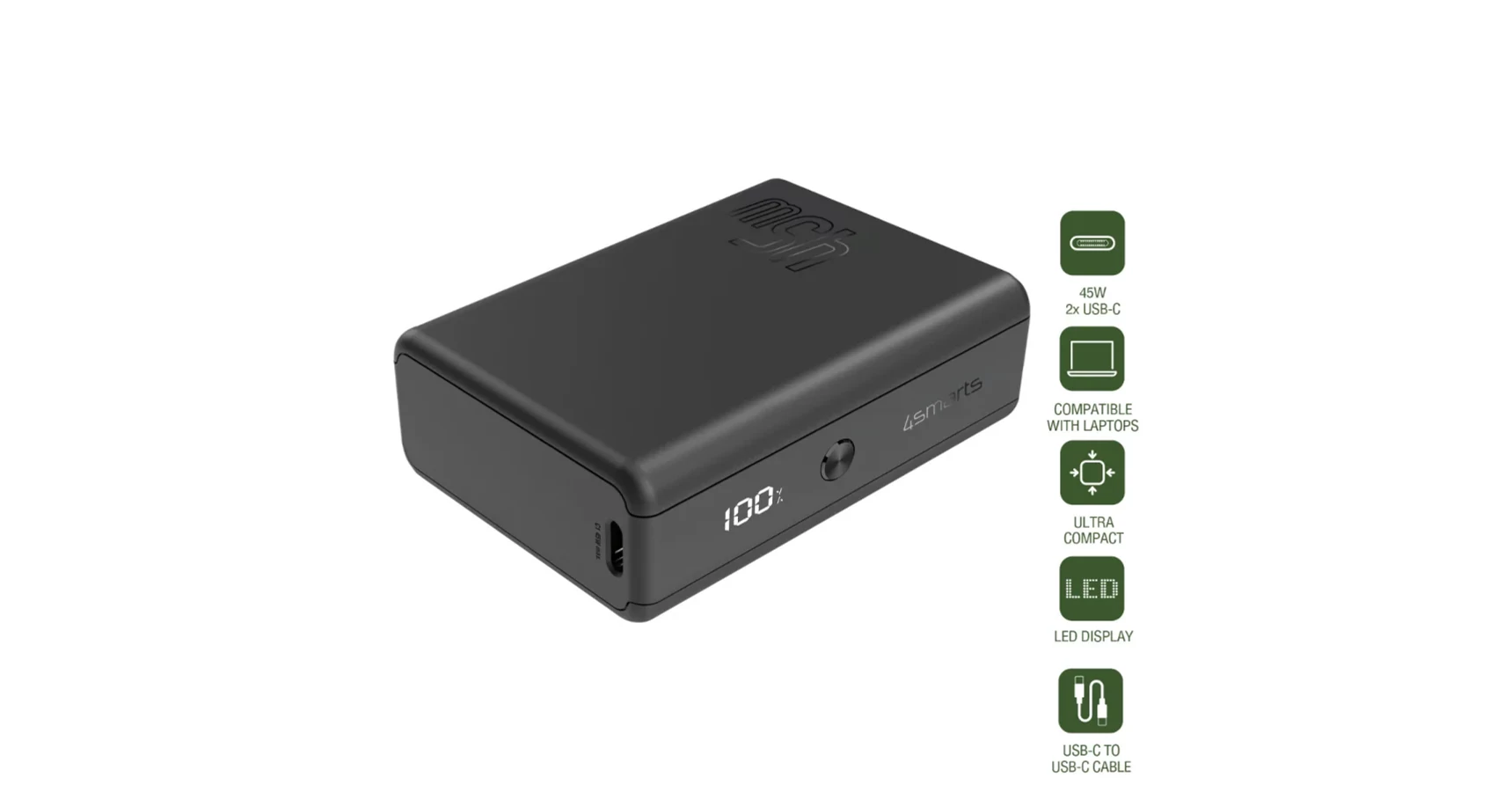  4Smarts Pocket Slim Külső Akkumulátor Power bank, 10000mAh, 45W, Fekete