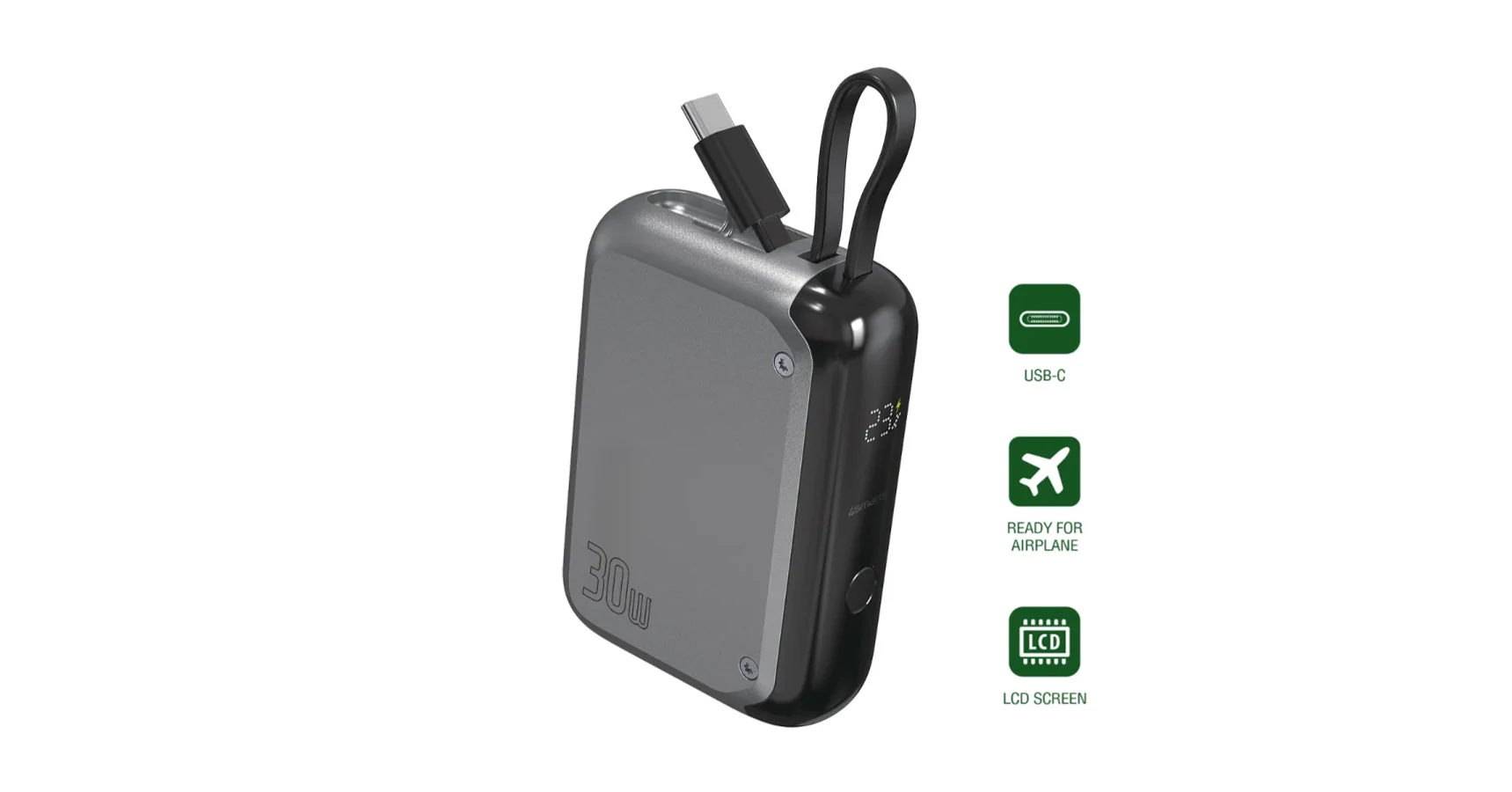  4Smarts Pocket Külső Akkumulátor Power bank, USB-C kábellel, 10000mAh, 30W, Szürke