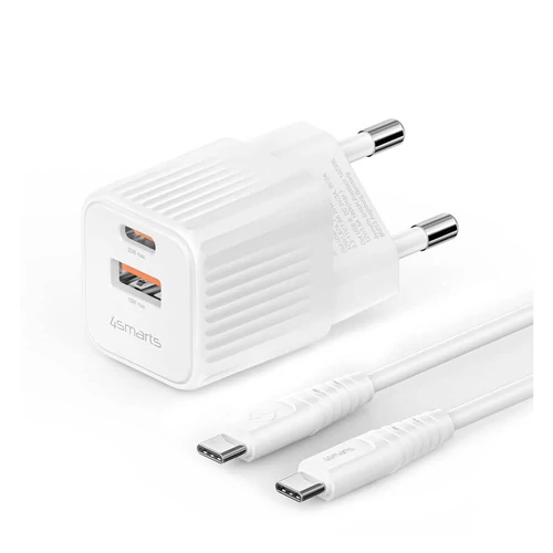4Smarts VoltPlug Duos Gyorstöltő Adapter 20W + Type-C Kábel 1,5M Fehér