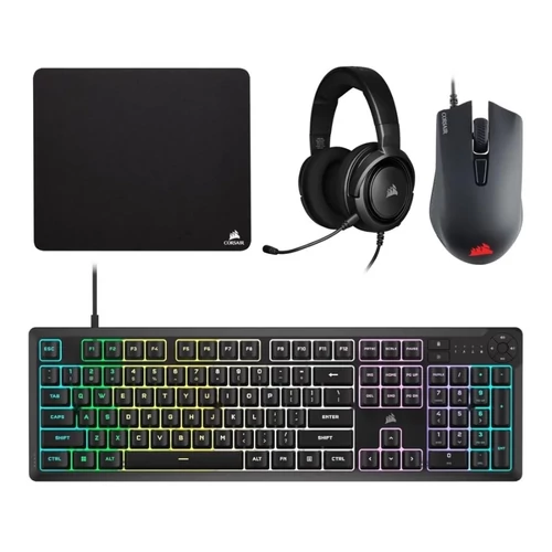 Corsair 4in1 vezetékes fekete gamer billentyűzet + egér + fejhallgató + egérpad bundle