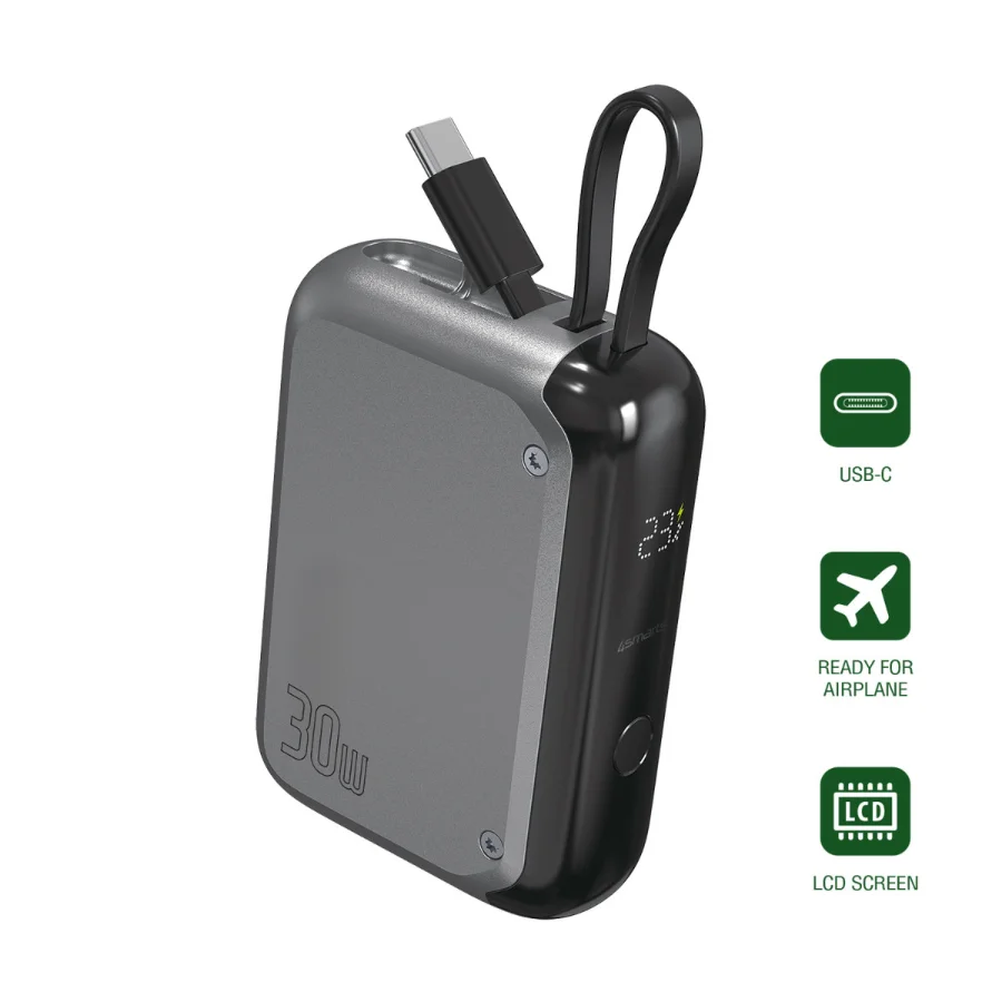 4Smarts Pocket Külső Akkumulátor Power bank, USB-C kábellel, 10000mAh, 30W, Szürke
